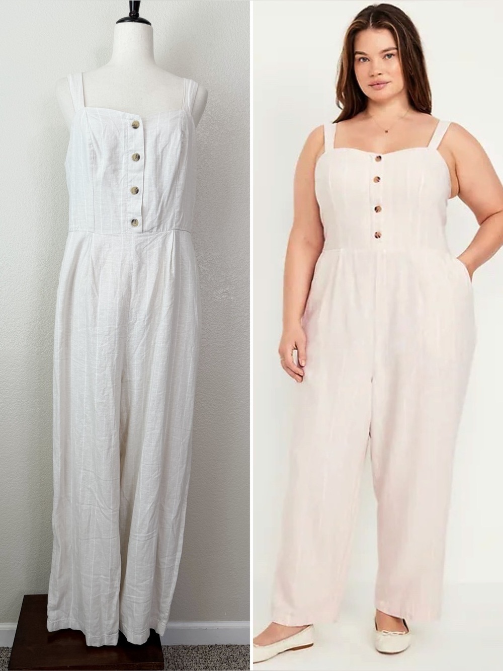 NWT Old Navy Linen Blend Neutral Striped Button-Front Cami Jumpsuit, Sz Large